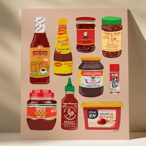 May include: A digital illustration featuring various condiment bottles and jars, including Mae Ploy sweet chili sauce, Maggi Masala chili sauce, Lao Gan Ma chili oil, Sambal Oelek, chili paste with soya bean oil, S&B spice, chili bean paste, Sriracha, and gochujang.