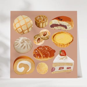 Puede incluir: Ilustración de varios productos horneados sobre un fondo marrón claro. La imagen incluye un pan de piña, pasteles de luna, un pan de frijoles rojos, un pan al vapor, tartaletas de huevo, un brazo suizo, una bola de sésamo, un pan de salchicha y una tarta de fresas.