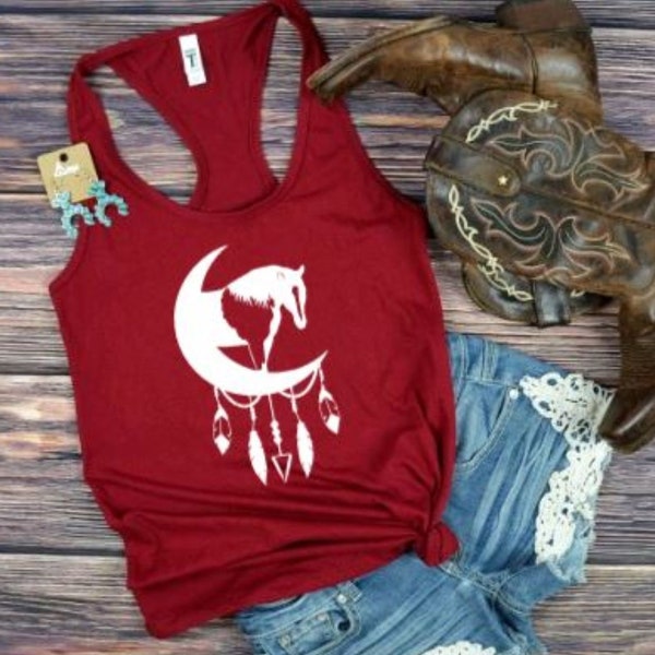 Horse Tank Top, Horse Lover Shirt, Paint Horse Tank Top with Boho Vibes, Dreamcatcher with Feathers Horse Tank Top