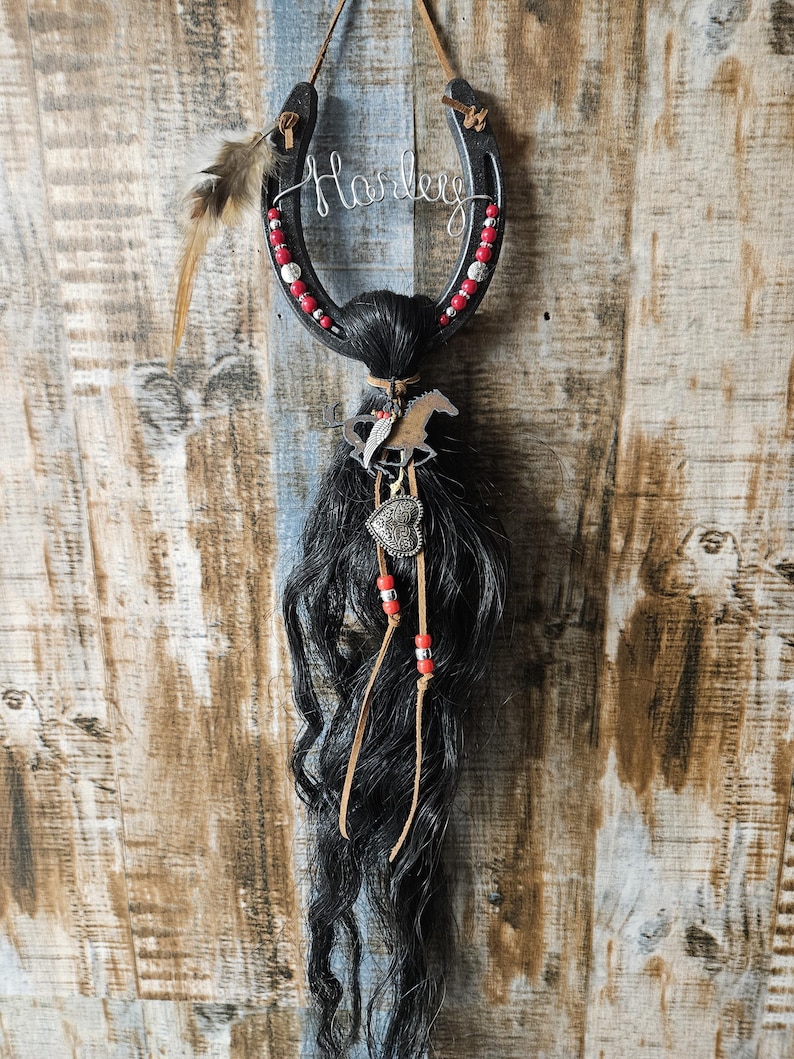 May include: A horseshoe-shaped wall hanging with the name "Harley" in wire. The horseshoe is decorated with red beads and a feather. Below the horseshoe is a bundle of black hair, a horse charm, and a heart charm.