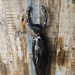 May include: A black horseshoe wall hanging with the word "Blue" in wire script. The horseshoe is decorated with blue beads, feathers, and a long black braid. A horse and heart charm dangle from the braid.