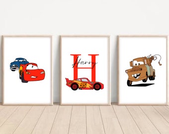 Children’s personalised bedroom prints A4 cars/lightening mcqueen