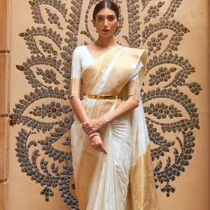 White And Gold Kanjivaram Silk With Zari Weaving Work Saree,Designe Party Wear Saree  Pattu Saree Kerala Saree Indian Wedding Saree