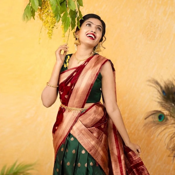 Girls' Chanderi Silk Pattu Pavadai Set – Blue & Lime Green Traditional Dress main image 1