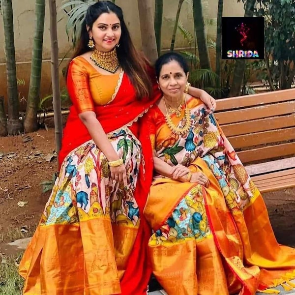 New kalamakari Banarasi Silk saree, Kalamkari Block Print Designe Party Wear Saree Printe Saree Pattu Saree Kerala Saree Pattu Pavadai