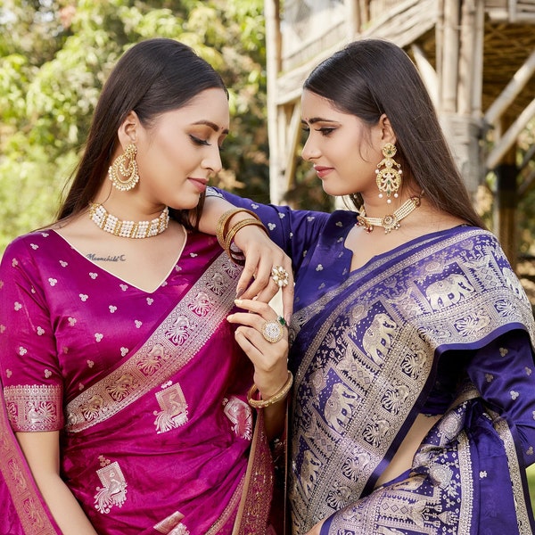 New pure Kanjivaram Soft Satin Silk Saree traditional designer SAREE hand woven saree FOR WOMEN pure south silk sari Indian Wedding Saree