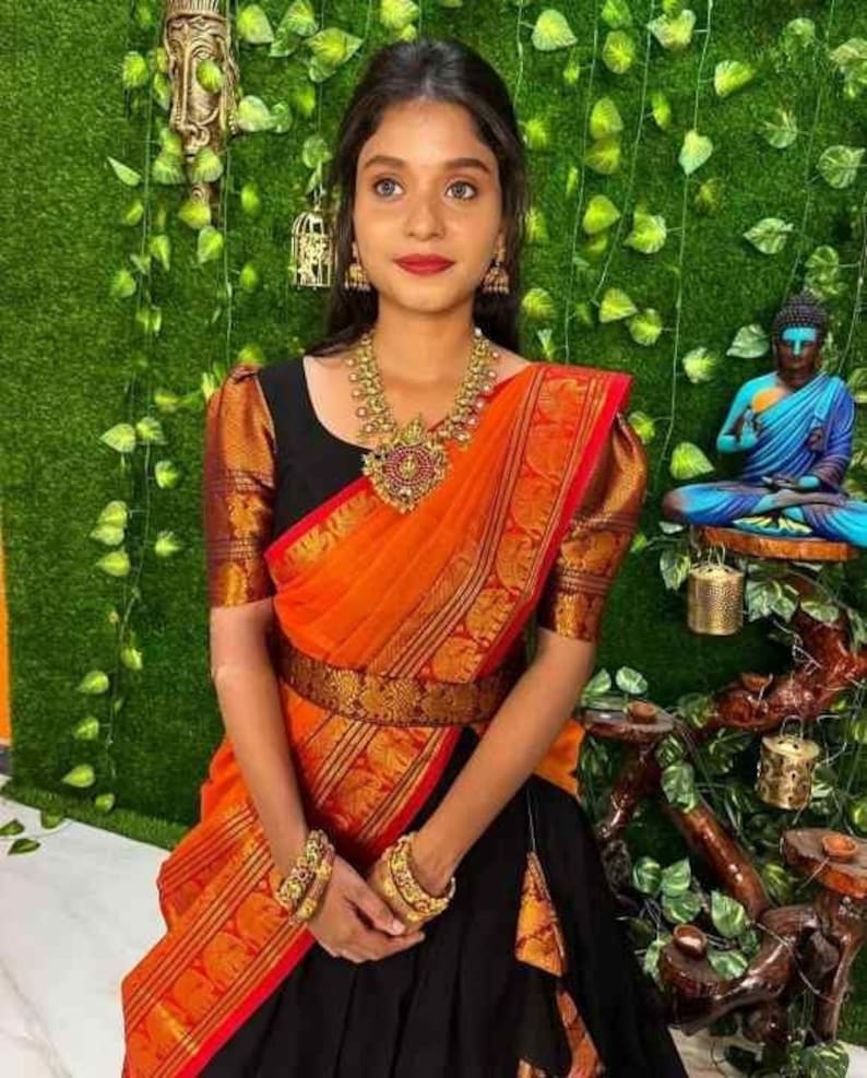 Black and Orenge Color Half Saree Ready to Wear Saree Pavadai Etsy Black and Orenge Color Half Saree Ready to Wear Saree Pavadai Etsy