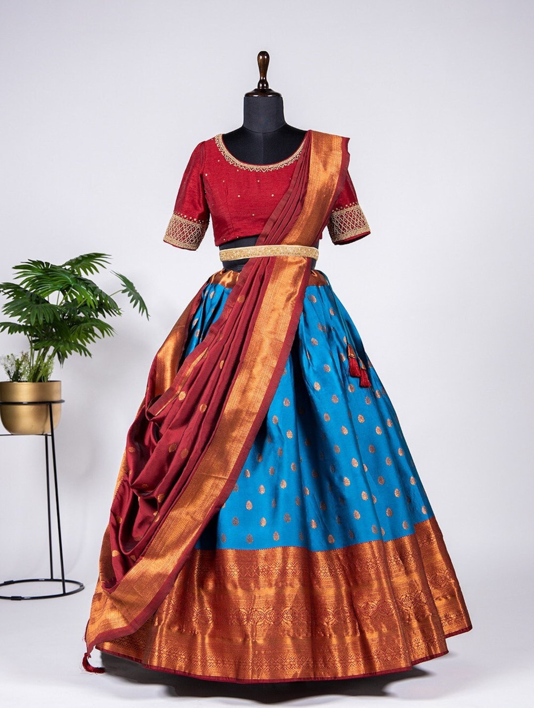 Red-firozi Paithani Half Saree With Langa Voni and Handwork Blouse,half ...