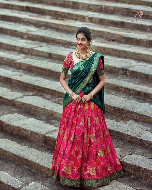Magenta Pink and Green Banarasi Half Sareekidskids Wedding - Etsy UK