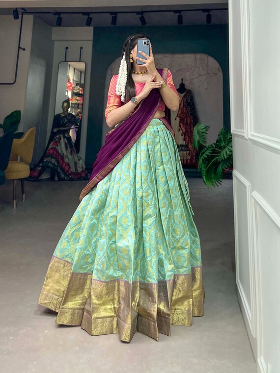 Designer Jacquard Silk HALF Saree Lenga Set Banarasi Lehenga Pattu Pavadai Girls Wear Teens Lehenga Choli Sets South Indian Half Sadi Etsy Israel