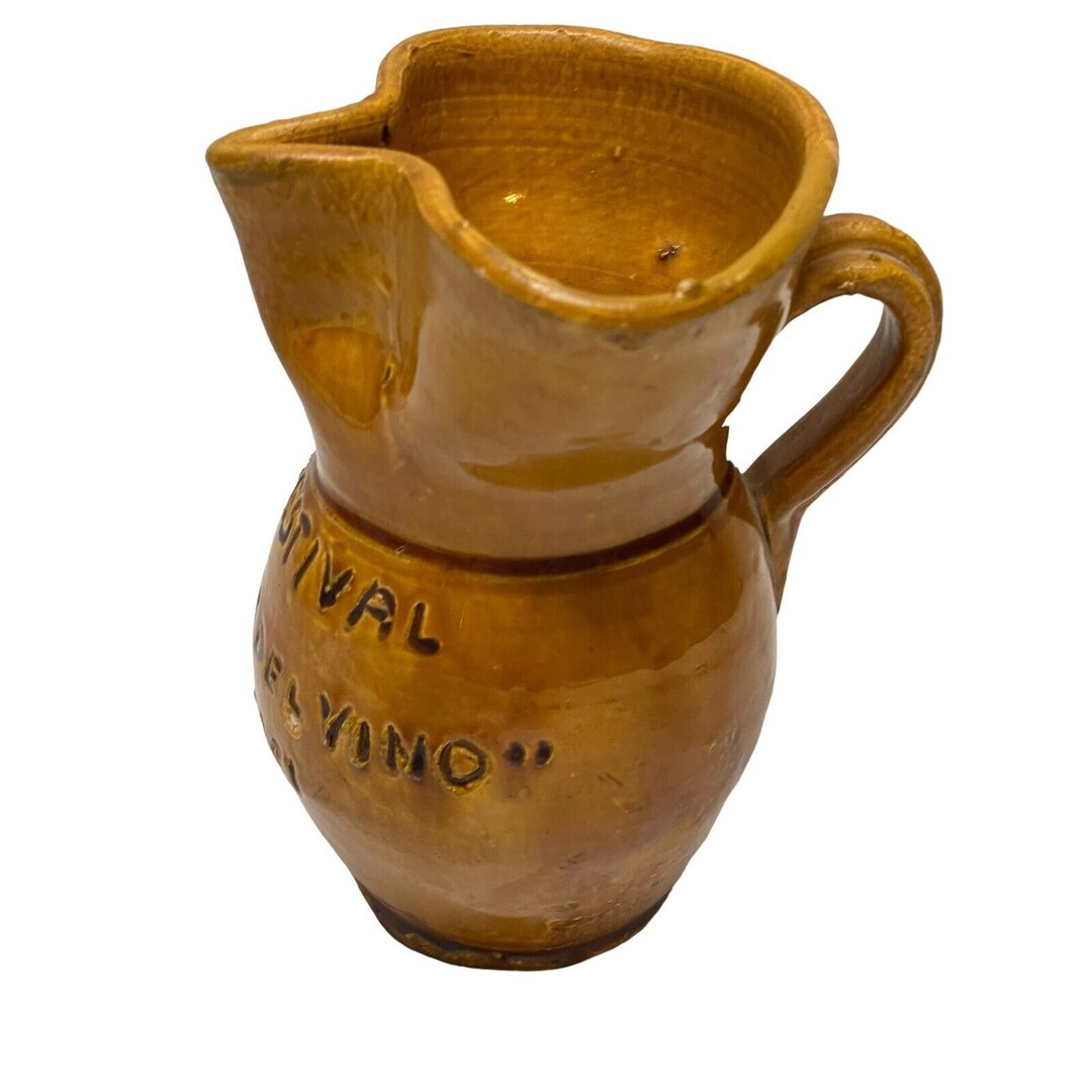 Vintage 1960s Small Brown Pottery Pitcher Brindisi Wine Festival