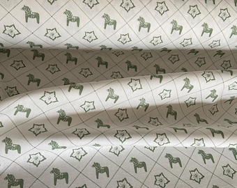 Scandinavian Cotton Fabric: Green Swedish Horses Print, 59" Wide