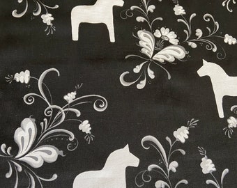 Scandinavian Cotton fabric White Swedish horse on black fabric Home décor fabric Decorative fabric wide 59 inches/150cm Fabric scraps