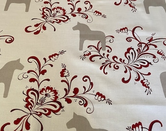 Scandinavian Cotton fabric Grey Swedish horse on white Red ornaments Home décor fabric Decorative fabric wide 59 inches/150cm Fabric scraps