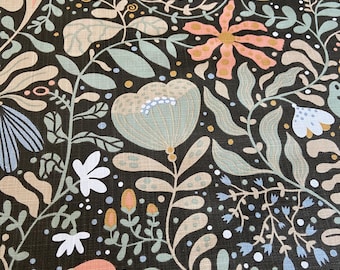 Scandinavian Cotton fabric Plants on off black fabric Home décor fabric Decorative fabric wide 59 inches/150cm Fabric scraps