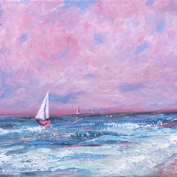 Summer Sailing Seascape | Hand Painted 31cm x 23cm on Stretched Canvas| Boats | Gifts | Painting