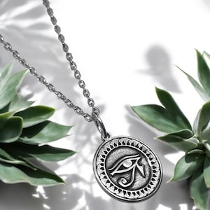 Silver Eye Of Horus Necklace, Silver Egypt Ankh Pendant, Ra Udjat Jewelry, Key of Life Charm, Ancient Coin Chain, Amulet Protection Gift