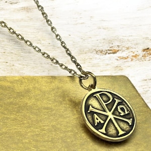 Silver Chi Rho Necklace, Silver Alpha Omega Pendant, Orthodox Coin Charm, Religious Chain Jewelry, Jesus Christ Gift for Her, Gift for Him
