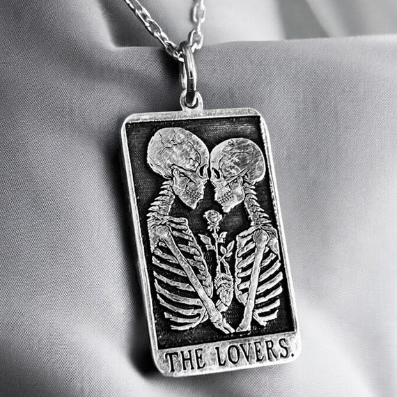 Silver The Lovers Necklace, Silver Tarot Card Pendant, Skeleton Couple Jewelry, Skull Gothic Chain, Gift for Her, 14k Necklace