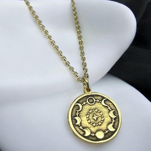 Collar de fase lunar de plata, colgante de media luna de plata, joyería celestial, dije astrológico, cadena de cumpleaños completa, regalo para él, regalo para ella