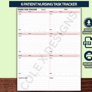 6 Patient Nurse Task Tracker Med Surg Nurse Organizer Nursing To Do List Shift Planner Patient Care Checklist PDF