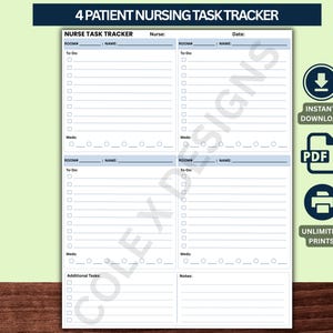 May include: A white nursing task tracker sheet with four patient sections, each featuring fields for room number, name, to-do checklists, and medication circles. The document includes a header labeled 4 PATIENT NURSING TASK TRACKER and NURSE TASK TRACKER.