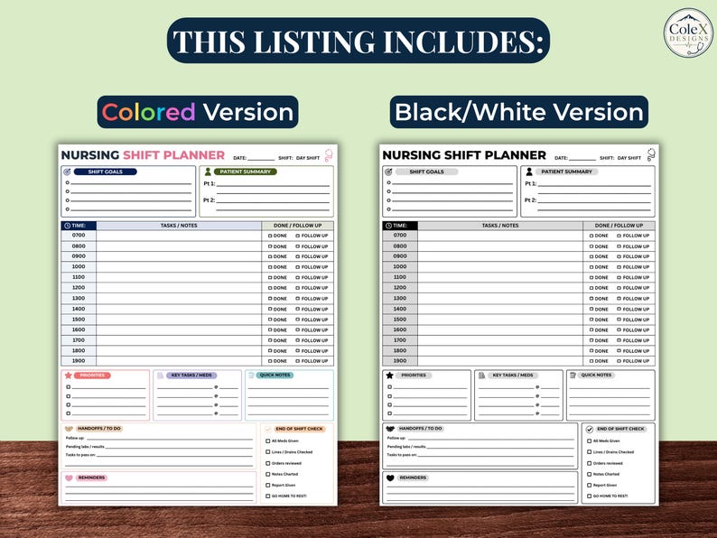 Nurse Task Layout Nursing Shift Planner Printable Nurse Schedule Template 12 Hour Shift ...