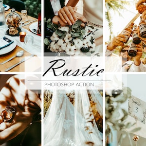 Può includere: Azione Photoshop per la fotografia di matrimonio rustica. Collage di immagini con una cerimonia di matrimonio, dettagli del ricevimento e le mani di una coppia che tiene le fedi nuziali.