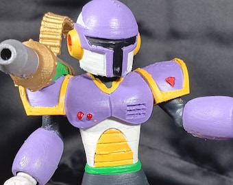 May include: A detailed figurine of a robot character, mainly in shades of purple, gold, and black. The robot has a helmet, shoulder pads, and a blaster. The figure is posed with the blaster extended, showcasing its intricate design and colour scheme.