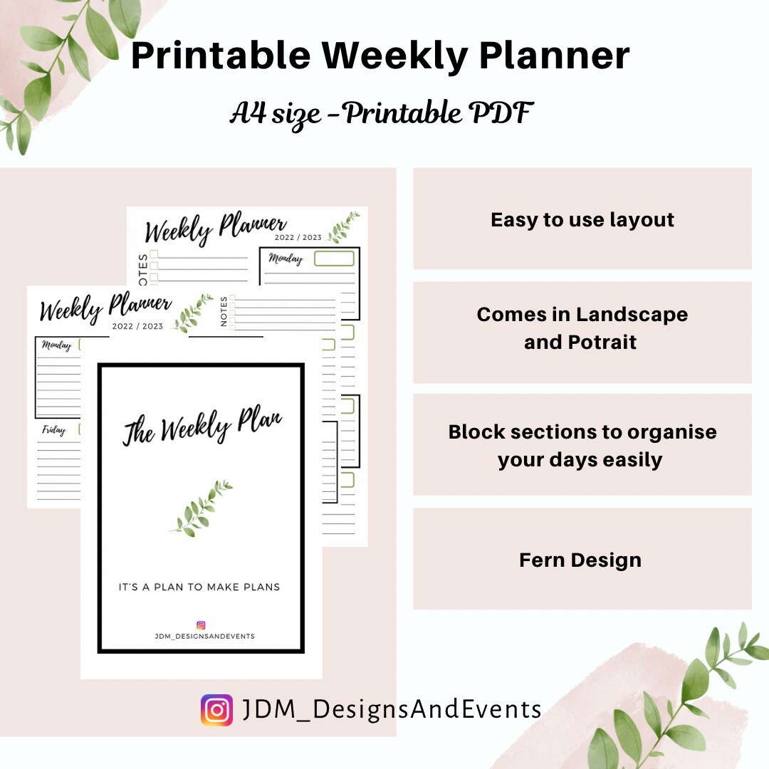 Printable Weekly Planner | A4 | Digital Planner| Week per Page | Two ...