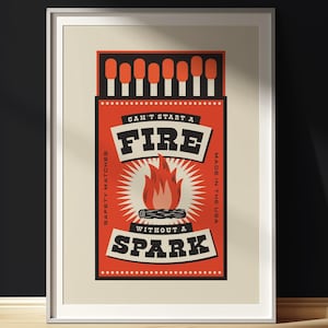 May include: A red and white box of safety matches with the text "Can't start a fire without a spark" and "Made in the USA".