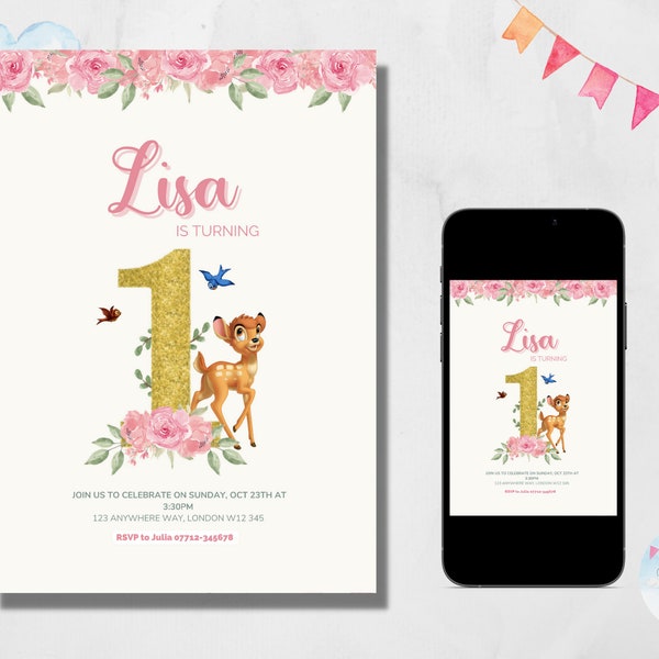 Digital Bambi 1st Birthday Invitation