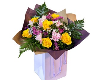 Yellow Roses Bouquet, Purple Limonium, Handcrafted Floral Gift