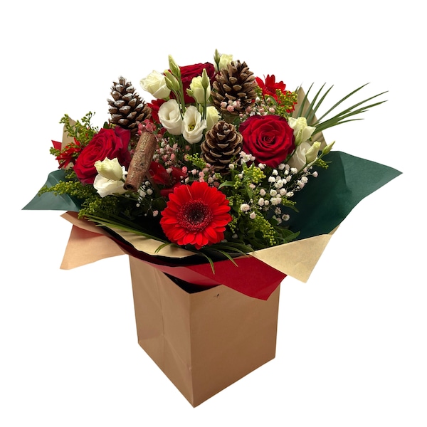 Christmas Flower Bouquet with Red Roses, Gerbera - Pine Cones in Gift Bag