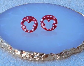 Set of 2 Disney punch out stud polymer clay earrings with pink and red polka dots or glitter