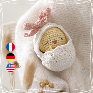Mimosa, the little chick and its egg - PDF Crochet pattern, tutorial, English, Francais, Deutsch