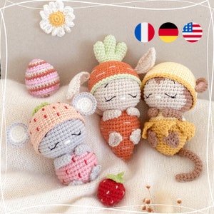 Strawberry-mouse + carrot-bunny + banana-monkey - PDF Crochet pattern, tutorial, English, Francais, Deutsch