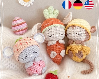 Erdbeer-Maus + Karotten-Hase + Bananen-Affe - PDF Häkel-Anleitung, crochet pattern, patron, tutoriel, Deutsch, English, Francais