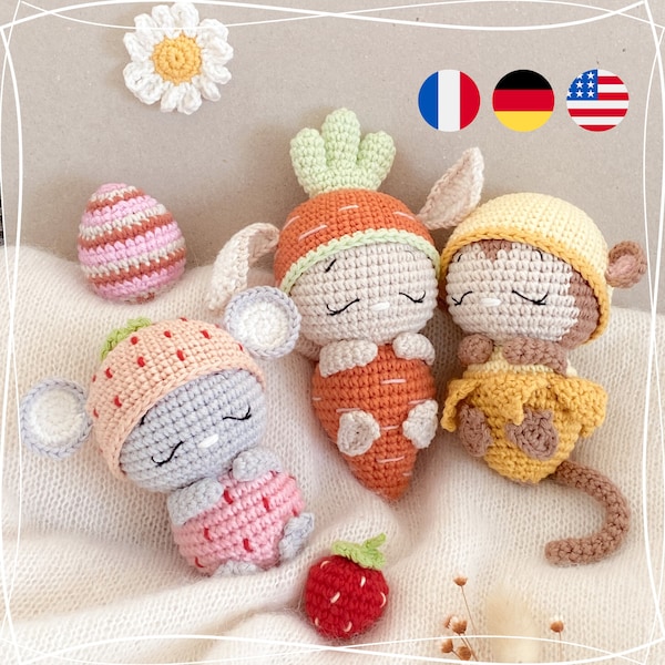 Erdbeer-Maus + Karotten-Hase + Bananen-Affe - PDF Häkel-Anleitung, crochet pattern, patron, tutoriel, Deutsch, English, Francais