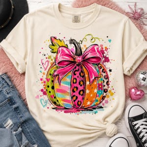 Calabaza de retazos colorida PNG, lazo rosa, diseño de leopardo para sublimación otoñal (descarga digital)