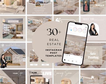May include: A collage of 30+ real estate Instagram post templates. The templates feature images of homes, open houses, and other real estate related content. The templates are designed to be used by real estate agents and brokers to promote their services and listings.