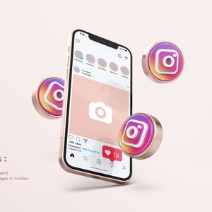 Puede incluir: Una maqueta de un teléfono inteligente que muestra una publicación de Instagram con un fondo rosa y un icono de cámara blanco. El teléfono está rodeado de tres iconos de Instagram flotantes con un degradado de rosa, naranja y morado.