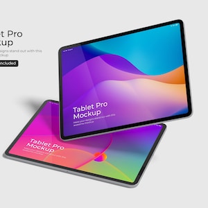 May include: Two tablet pro mockups with colorful abstract designs on the screen. The tablets are stacked on top of each other and are angled slightly. The text "Tablet Pro Mockup" is visible on the screen of both tablets.