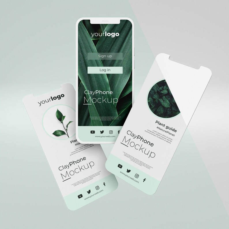 May include: Three white smartphone mockups with green foliage backgrounds. The top phone displays a login screen with the text "yourlogo", "Sign up", and "Log in". The middle phone displays the text "ClayPhone Mockup" and social media icons. The bottom phone displays the text "Plant guide #NaturalPlanet" and "ClayPhone Mockup".