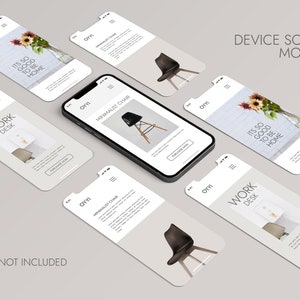 Op de afbeelding: Mockup van zes smartphone-schermen die verschillende productpagina's voor een meubelwinkel weergeven. De schermen tonen afbeeldingen van stoelen en bureaus met de tekst "Work Desk", "Minimalist Chair" en "It's so good to be home".