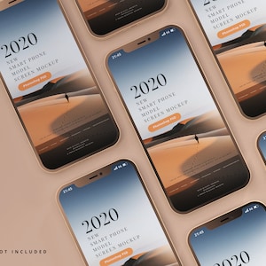Puede incluir: Una maqueta de seis teléfonos inteligentes dorados con un fondo de paisaje desértico. Las pantallas muestran el texto "2020 Nuevo modelo de teléfono inteligente Pantalla maqueta".