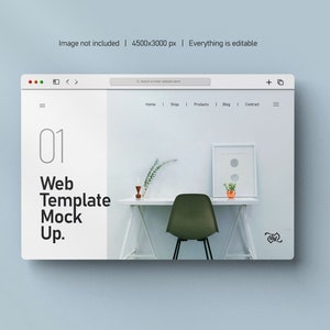 Könnte beinhalten: Ein weißes Web-Template-Mockup mit dem Text "01 Web Template Mock Up." Das Mockup wird auf einem Computerbildschirm mit einem einfachen Website-Design angezeigt, das einen weißen Hintergrund, eine Navigationsleiste mit den Wörtern "Home, Shop, Products, Blog, Contact" und ein Bild eines weißen Schreibtisches mit einem grünen Stuhl und einem gerahmten Bild zeigt.