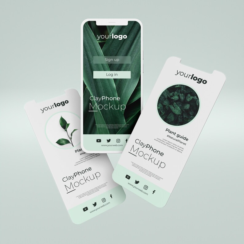 May include: Three white mockups of a smartphone with a green leafy background. The text "ClayPhone Mockup" is on each mockup. The text "yourlogo" is at the top of each mockup. The first mockup has the text "Sign up" and "Log in". The second mockup has a plant guide with the text "#NaturalPlanet". The third mockup has a plant illustration.
