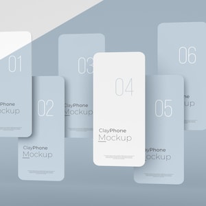 Puede incluir: Seis maquetas de teléfonos inteligentes grises y blancas con el texto "ClayPhone Mockup" y los números del 01 al 06.