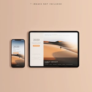 May include: Mockup of a tablet and smartphone displaying a website with a desert landscape and the text "2020 New Tablet Model Series" and "Tablet Mockup".